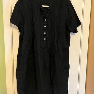 Black Pin Tuck Linen Button-Down Dress